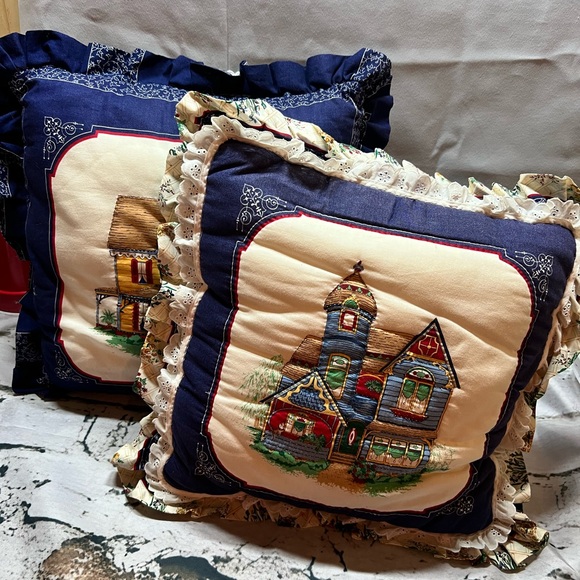 Vintage Victorian House Embroidered Throw Pillows with Lace Trim (Set of 2) - Picture 4 of 9